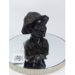 SIGNED BRONZE BUST OF A BOY WEARING A HELMET 11.5 CMS HIGH