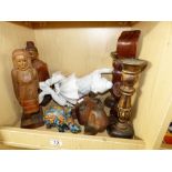 MIXED LOT INCLUDING HAND CARVED WOODEN FIGURES & CANDLESTICKS