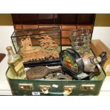 VINTAGE SUITCASE & CONTENTS INCLUDING ORIENTAL CORK CARVINGS