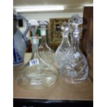4 X GLASS DECANTERS, ONE WITH ETCHING