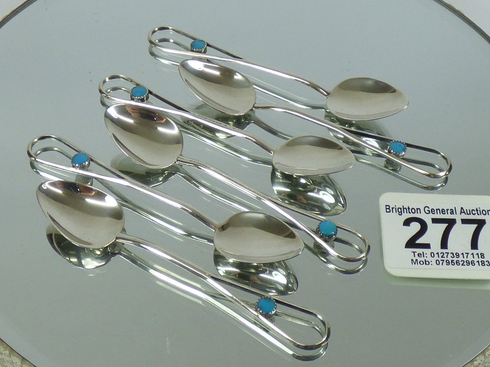 SET OF 6 X STERLING SILVER ART NOUVEAU COFFEE SPOONS WITH TURQUOISE BEAD HANDLES 39.64 GRAMS