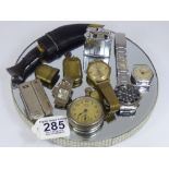 QUANTITY OF LIGHTERS & WATCHES INCLUDING "LINGS 21 PRIX" "INGERSOLL CROWN" & A KUKRI