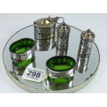 HALL MARKED SILVER CRUET SET WITH GREEN GLASS LINERS, BIRMINGHAM, HENRY WILLIAMSSON LTD.