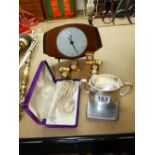 QUANTITY OF CLOCKS, PEARLS, CIGARETTE CASE & MILITARY POT