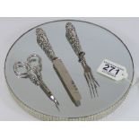 EMBOSSED HALL MARKED SILVER HANDLED CHILDS KNIFE & FORK + EMBOSSED HALL MARKED SILVER HANDLED PAIR