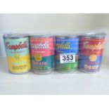 4 X ANDY WARHOL CAMPBELLS TOMATO SOUP TINS, UNUSED