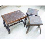 3 CARVED OAK STOOLS / TABLES