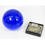 WILLIAM MORRIS PAPERWEIGHT + 1 X LARGE BLUE GLASS PAPERWEIGHT