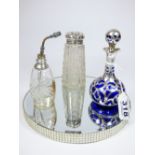 BLUE GLASS & SILVER SCENT BOTTLE, HALL MARKED SILVER TOPPED SIFTER + AN ATOMISER, ALL WITH FAULTS