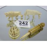 VICTORIAN IVORY PENDANT WITH A 9 CT GOLD CLIP + 2 X 1920s ANIMALS + 1 OTHER