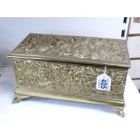 LARGE BRASS CASKET WITH HUNTING SCENES 14 X 27 X 15 CMS