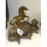 FRENCH BRONZED SPELTER INK STAND DEPICTING A HORSE & TWO URNS. SIGNED A.BOSSU 20 CMS HIGH