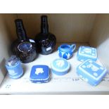 2 X WADE LIQUOR BOTTLES & QUANTITY OF WEDGWOOD TRINKET BOXES & OTHERS