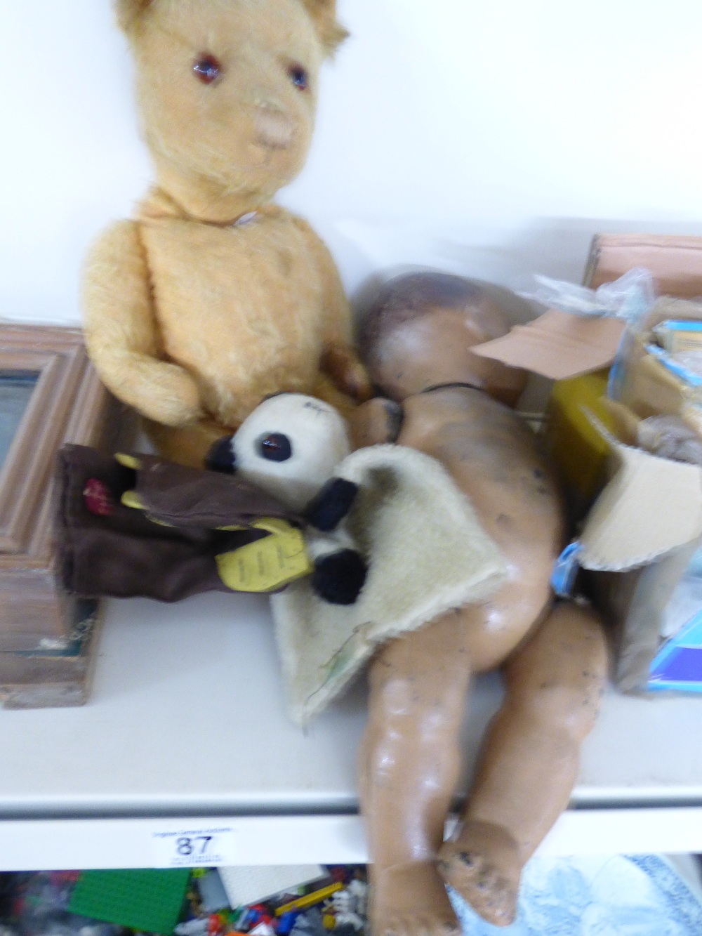 VINTAGE TEDDY, DOLL & 2 PUPPETS - ONE BEING SOO, FROM SOOTY & SWEEP