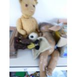 VINTAGE TEDDY, DOLL & 2 PUPPETS - ONE BEING SOO, FROM SOOTY & SWEEP