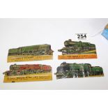 4 X TIN PLATE PLAQUES OF VINTAGE TRAINS L.N.E.R, L.M.S, G.W.R & SOUTHERN APPROX 13.5 cm