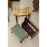 MAGAZINE RACK, FOOT STOOL & ITALIAN MUSICAL TABLE