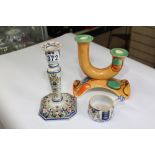 MYOTT & FAIENCE CANDLE HOLDERS & 1 OTHER