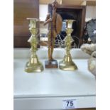 PAIR BRASS CANDLESTICKS & DON QUIXOTE FIGURE