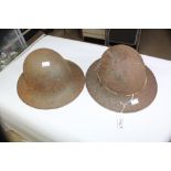 2 X WW2 METAL HELMETS, 1 WITH LINER