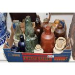 BOX OF VINTAGE MIXED EARTHENWARE & GLASS BOTTLES
