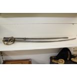 REPLICA POSSIBLY GERMAN MILITARY SWORD AND SCABBARD LENGTH OF BLADE 29 1/4 INCHES SCABBARD TIP IS