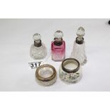 3 X HALL MARKED SILVER RIMMED PERFUME BOTTLES + 2 OTHERS
