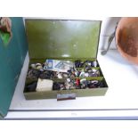 QUANTITY OF MIXED VINTAGE BUTTONS IN METAL CASH BOX