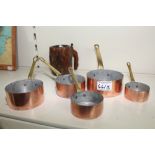 5 GRADUATED COPPER PANS & CARVED MUG