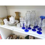 MIXED LOT OF CERAMICS & GLASS INCLUDING BRISTOL BLUE STEMMED GLASSES & FRENCH STORAGE JARS