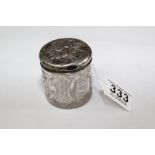 HALL MARKED, EMBOSSED SILVER LIDDED GLASS POT