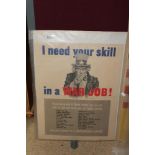 ORIGINAL WW11 POSTER ' I NEED YOUR SKILLS IN A WAR TIME JOB' POSTER No 95, THE OFFICE OF WAR
