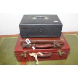 2 VINTAGE SUITCASES & METAL STRONG BOX WITH KEY