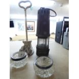 LION PAW DOOR STOP, MINERS LAMP & 2 HALL MARKED SILVER RIMMED GLASS DISHES