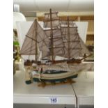 2 X WOODEN MODEL BOATS ON DISPLAY STANDS