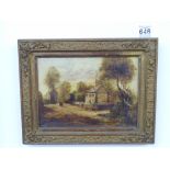 OIL ON BOARD OF A COUNTRY COTTAGE, E GILES 21 x 27 cms