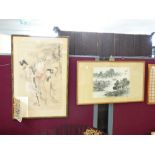 2 ORIENTAL PICTURES 1 X MOUNTAIN & RIVER SENE, THE OTHER DEPICTING LONG LIFE & HEALTH