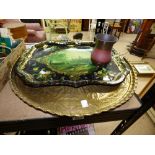 LARGE COPPER TABLE TOP, DECORATED METAL TRAY & COPPER JUG