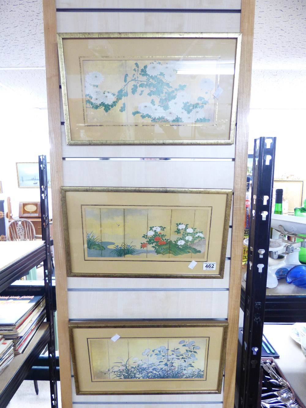 3 GILT FRAMED ORIENTAL PRINTS 28 x 47 cms