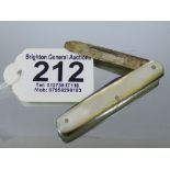 DOUBLE BLADED MOTHER OF PEARL HANDLED FRUIT KNIFE, 1 X BLADE HALL MARKED SILVER & 1 X BLADE STEEL