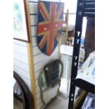 GILT FRAMED SHIELD SHAPE MIRROR & WOODEN SHIELD DECORATED WITH THE UNION JACK