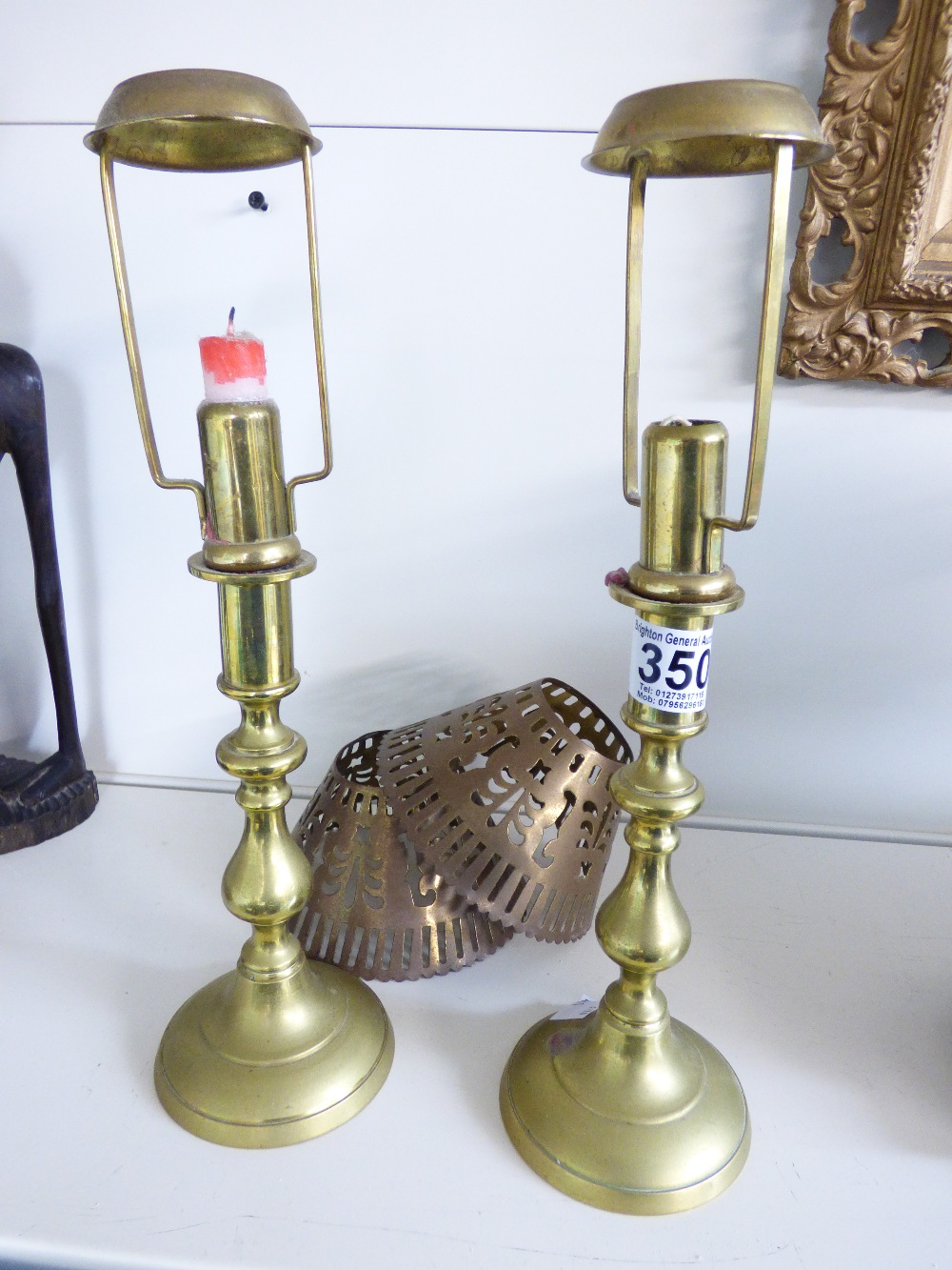 PAIR OF BRASS CANDLE HOLDERS & SHADES 32 CMS HIGH