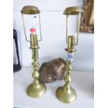 PAIR OF BRASS CANDLE HOLDERS & SHADES 32 CMS HIGH