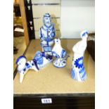 4 RUSSIAN BLUE & WHITE CERAMIC FIGURES