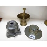 2 PEWTER INKWELLS & BRASS PESTLE & MORTAR