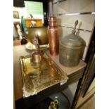 QUANTITY OF BRASS & COPPER ITEMS INCLUDING FLASK & PLANTER