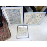 2 FRAMED & GLAZED VINTAGE UK MAPS + EMBROIDERED MAP OF HAMPSHIRE