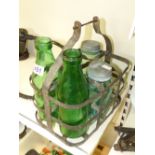 VINTAGE MILK BOTTLE CARRIER + 2 MILK BOTTLES & 3 STORAGE JARS