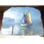 OIL PAINTING OF A SAILING SHIP ON SLATE 47 X 62 CMS