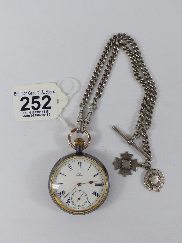 OMEGA POCKET WATCH 1717364 WITH HALL MARK SILVER ALBERT CHAIN & FOBS